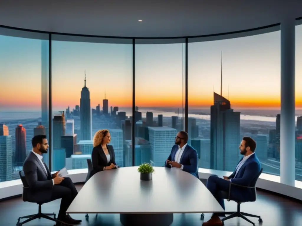 Profesionales en Networking: Inversiones en Red de Contactos Un grupo diverso de profesionales en evento de networking, intercambiando tarjetas en sala moderna con vista a la ciudad al anochecer