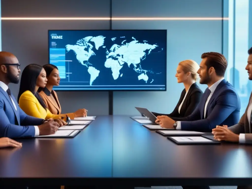 Profesionales globales en reunión estratégica Un grupo diverso de profesionales exitosos en una sala de juntas moderna, discutiendo estrategias para la salida al mercado internacional
