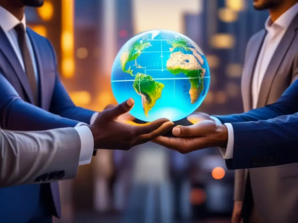 Profesionales globales conectados en red futurista Un grupo diverso de profesionales sostiene globos y se conecta a través de líneas brillantes, en una ciudad futurista
