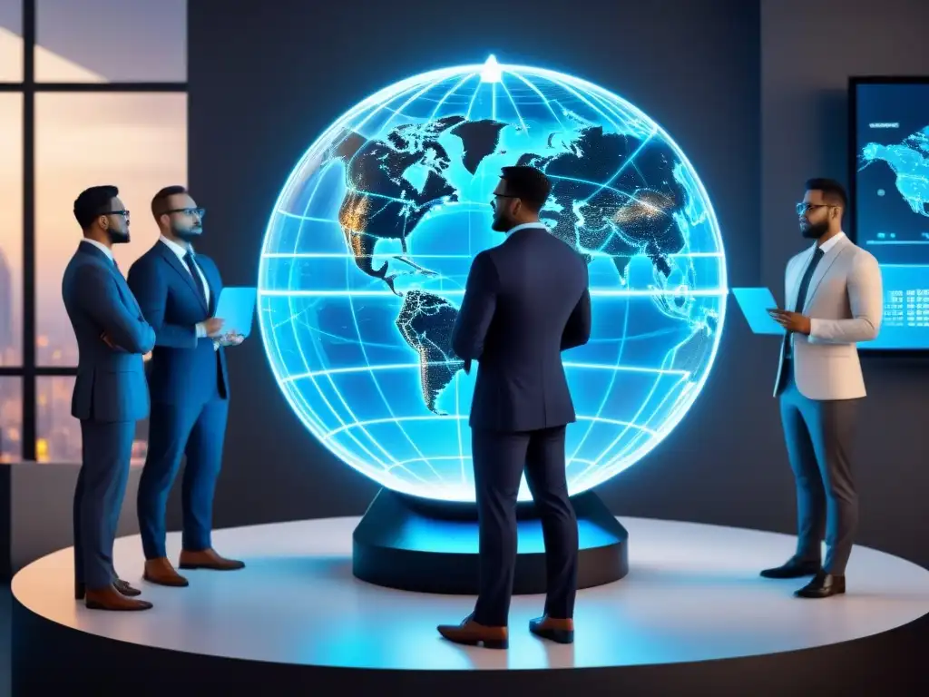 Profesionales globales en blockchain: visión futurista Un grupo diverso de profesionales se reúnen alrededor de un holograma futurista del mundo conectado por blockchain