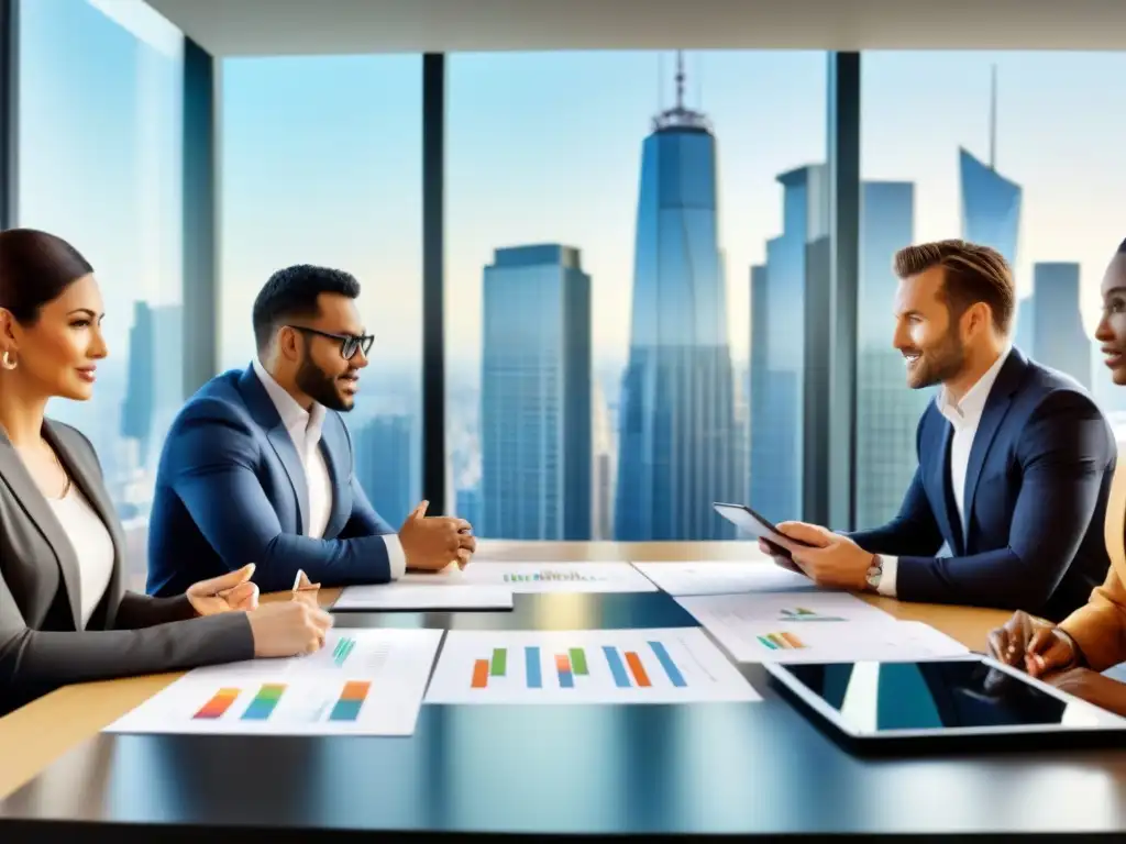 Equipo de expertos inmobiliarios: Estrategias antíciclicas Un grupo diverso de profesionales inmobiliarios en una oficina moderna discuten estrategias anticíclicas del mercado inmobiliario