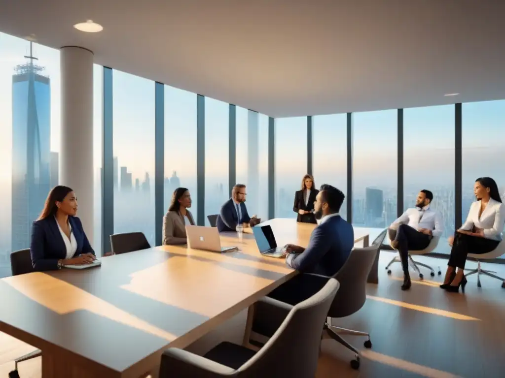 Equipo global de profesionales inmobiliarios colaborando en oficina moderna Un grupo diverso de profesionales inmobiliarios internacionales colaborando en una oficina moderna y elegante