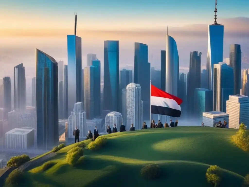 Profesionales inmobiliarios globales debatiendo ética Un grupo diverso de profesionales inmobiliarios de todo el mundo discuten ética inmobiliaria internacional diferencias, con banderas y skyline global