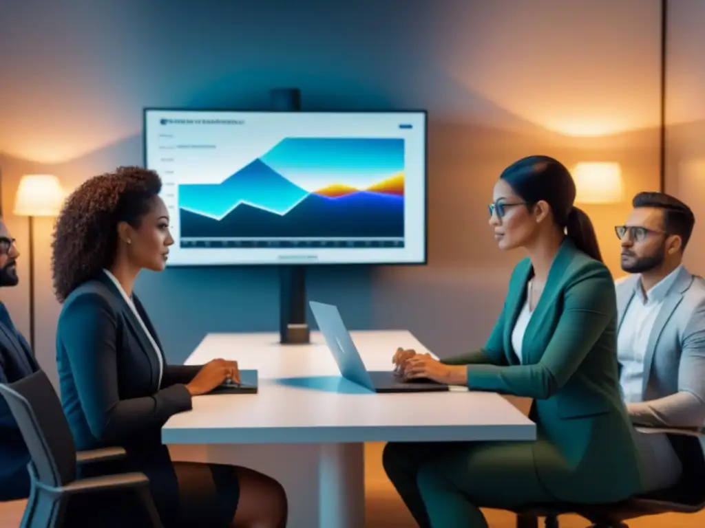 Profesionales expertos analizan inversiones en timeshare en oficina moderna Un grupo diverso de profesionales analiza la inversión en tiempo compartido en una oficina moderna y tecnológica