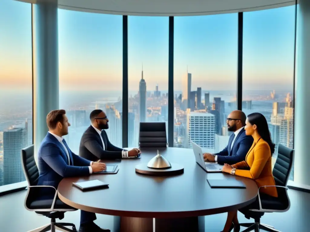 Reunión de profesionales en inversión inmobiliaria Un grupo diverso de profesionales prepara inversión inmobiliaria internacional en una elegante oficina de negocios con vistas panorámicas a la ciudad