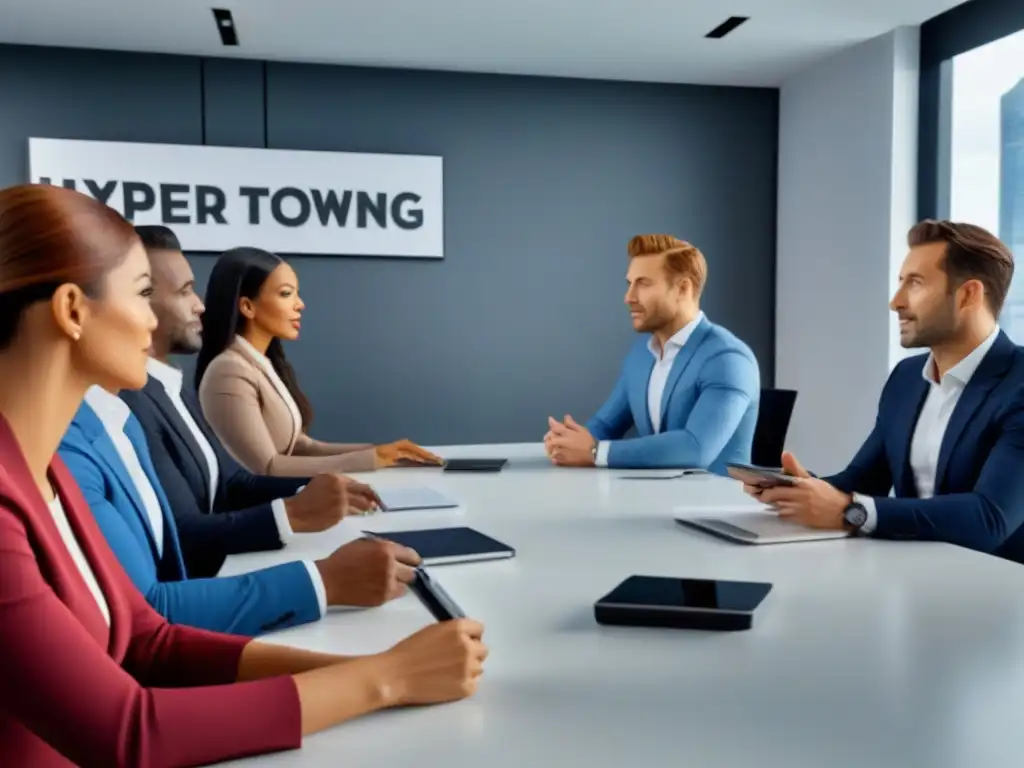 Un grupo diverso de profesionales discute inversiones globales en Crowdfunding inmobiliario en una oficina moderna y elegante