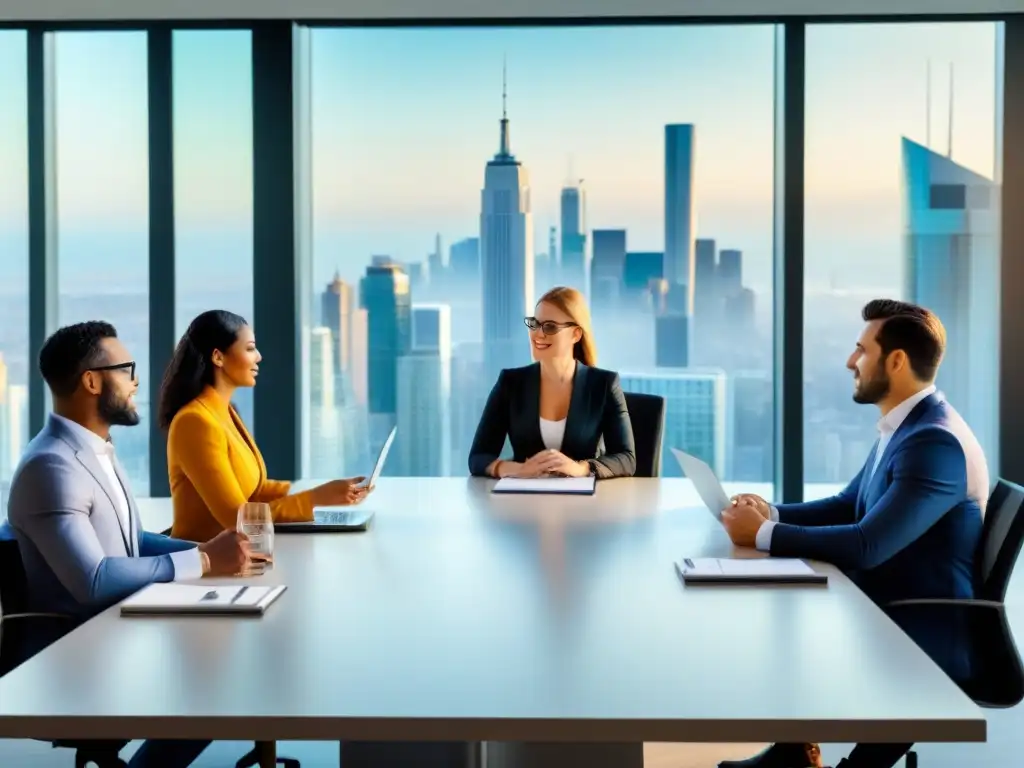 Diversos profesionales debaten estrategias en moderna oficina Un grupo diverso de profesionales debatiendo sobre inversiones inmobiliarias no convencionales en una moderna oficina