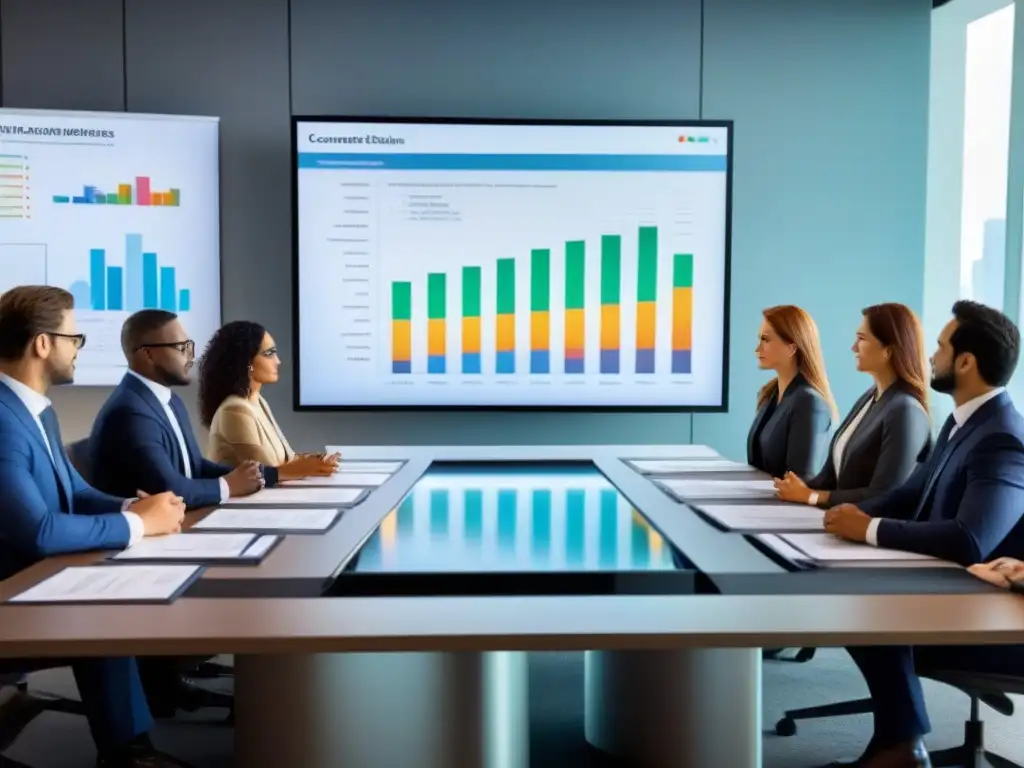 Profesionales debatiendo inversiones inmobiliarias en mercados emergentes Un grupo diverso de profesionales discute inversiones inmobiliarias en mercados emergentes en una sala moderna y elegante