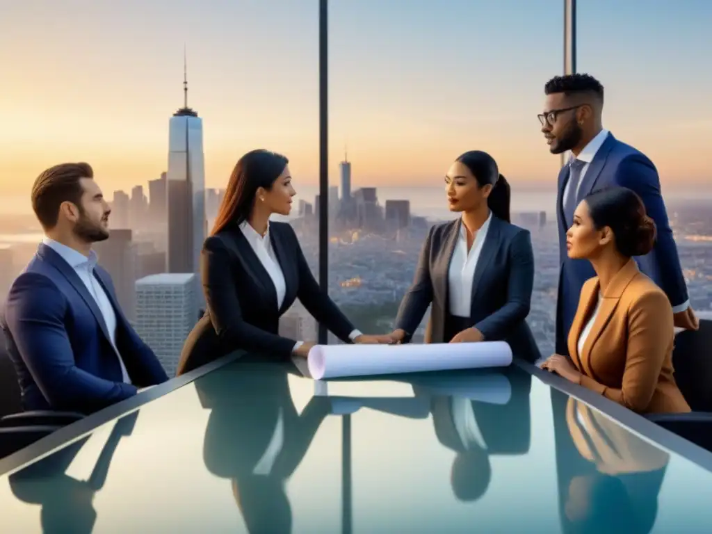 Profesionales globales innovando en inversión inmobiliaria Grupo diverso de profesionales discutiendo sobre inversiones inmobiliarias internacionales con políticas gubernamentales, al atardecer