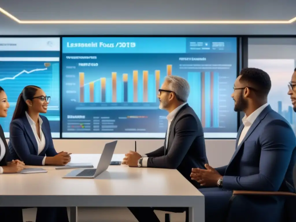 Inversión Inmobiliaria Global: Profesionales en Oficina Moderna Un grupo diverso de profesionales discute inversiones inmobiliarias en países en desarrollo en una oficina moderna y colaborativa