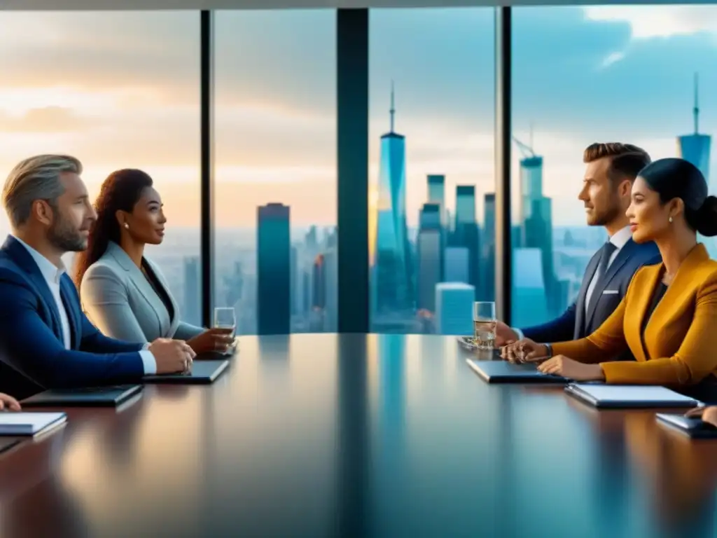 Reunión ejecutiva global en moderno boardroom Grupo diverso de profesionales en una junta de negocios, colaborando en una oficina moderna con vista a la ciudad