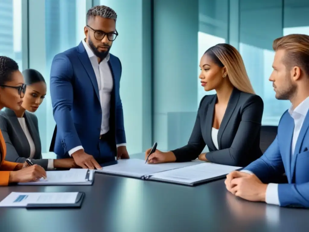 Profesionales diversificados revisan inversiones inmobiliarias globales Un grupo diverso de profesionales revisa documentación legal sobre inversiones inmobiliarias internacionales en una oficina moderna y sofisticada