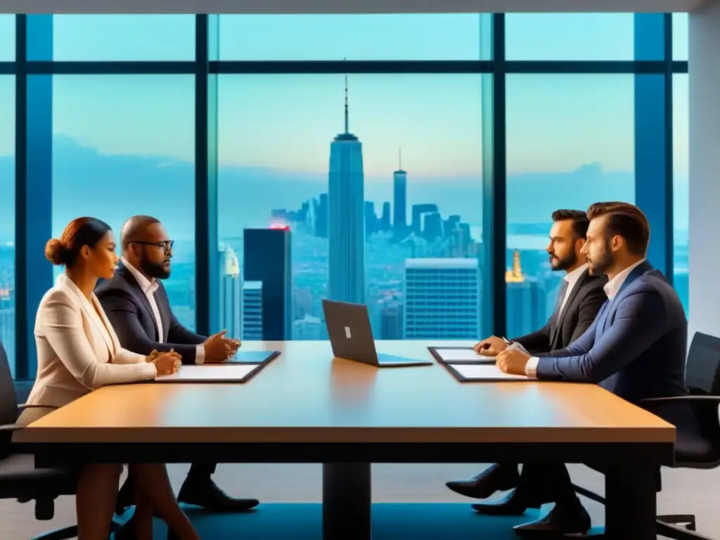 Profesionales internacionales en reunión de due diligence legal Un grupo diverso de profesionales discute Due Diligence Legal Propiedades Internacionales en una sala moderna con vistas a la ciudad