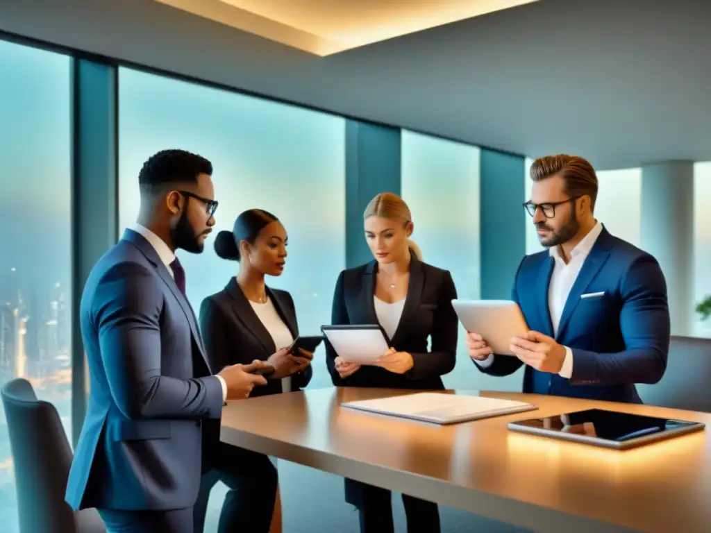 Abogados expertos en propiedad internacional Un grupo diverso de profesionales legales revisa documentos de propiedades internacionales en una oficina moderna, mostrando confianza y competencia en procesos de due diligence