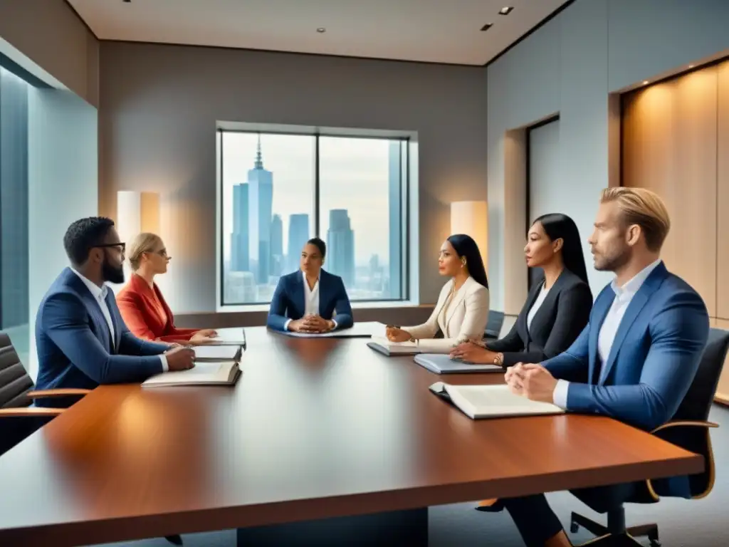 Un grupo diverso de profesionales legales discute en una oficina sofisticada, rodeados de libros y tecnología avanzada