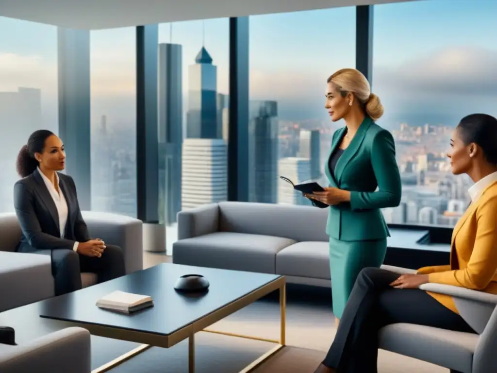 Profesionales legales gestionando herencias internacionales Un grupo diverso de profesionales legales discute estrategias para gestionar herencia y propiedades en el extranjero en una oficina moderna y elegante