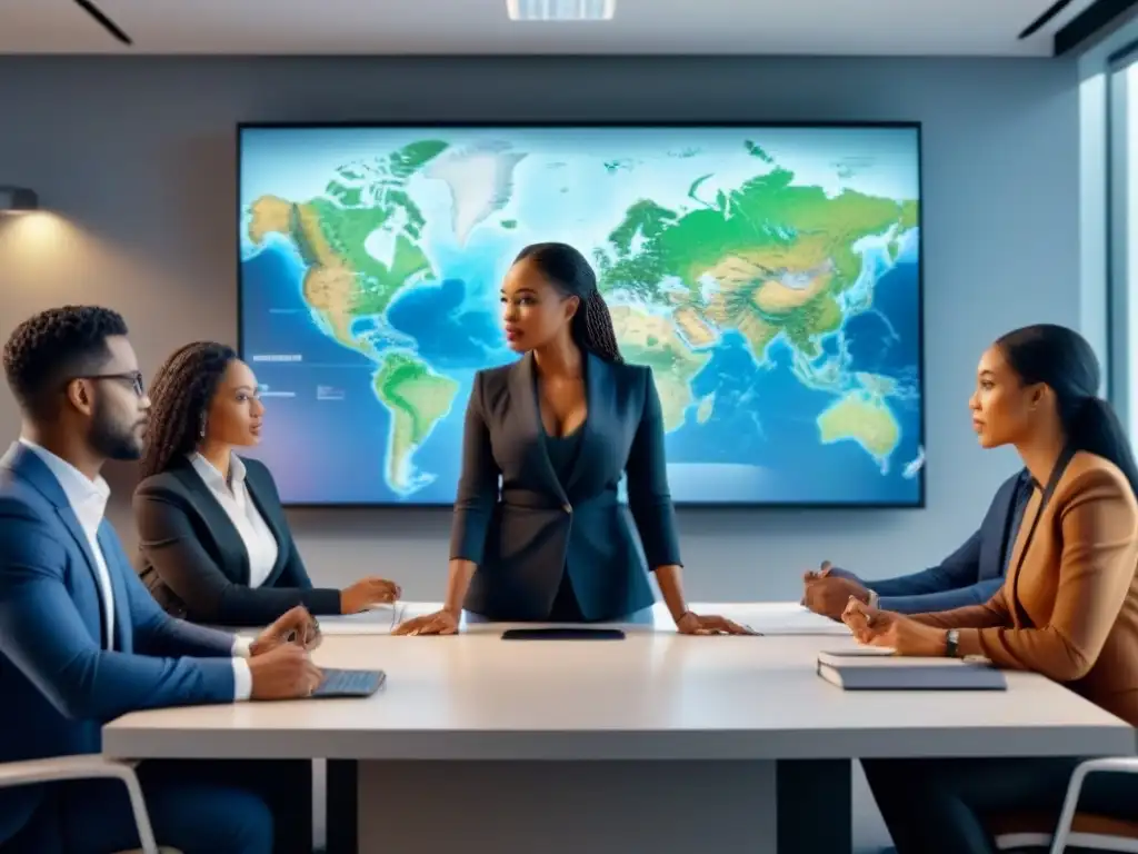 Profesionales legales diversificados en oficina moderna 8k Un grupo diverso de profesionales legales en una oficina moderna y elegante, discutiendo estrategias