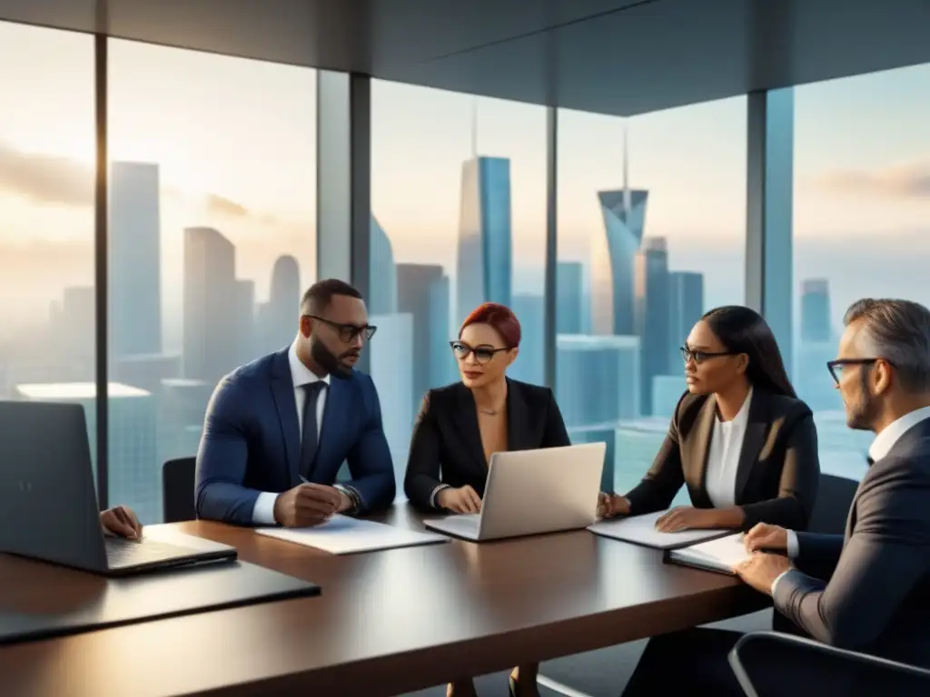 Profesionales legales internacionales debatiendo en oficina moderna Un grupo diverso de profesionales legales internacionales discute términos legales de tiempo compartido