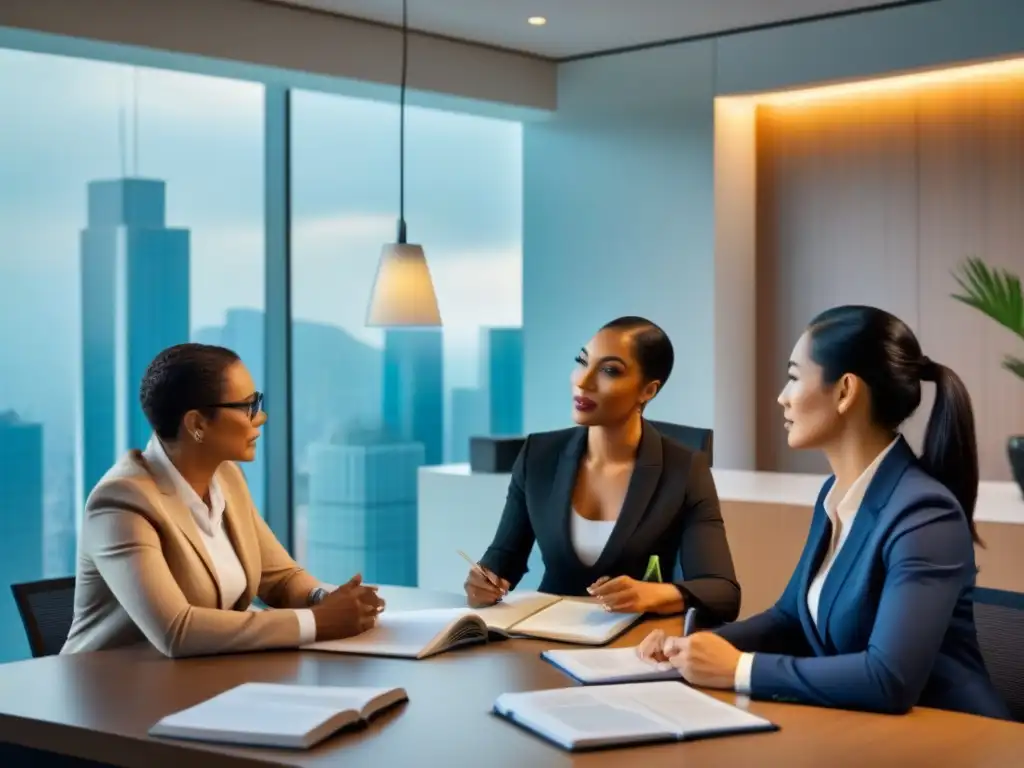 Abogados expertos debaten sobre tiempos compartidos internacionales Un grupo diverso de profesionales legales discute términos legales de tiempo compartido internacional en una oficina moderna y elegante