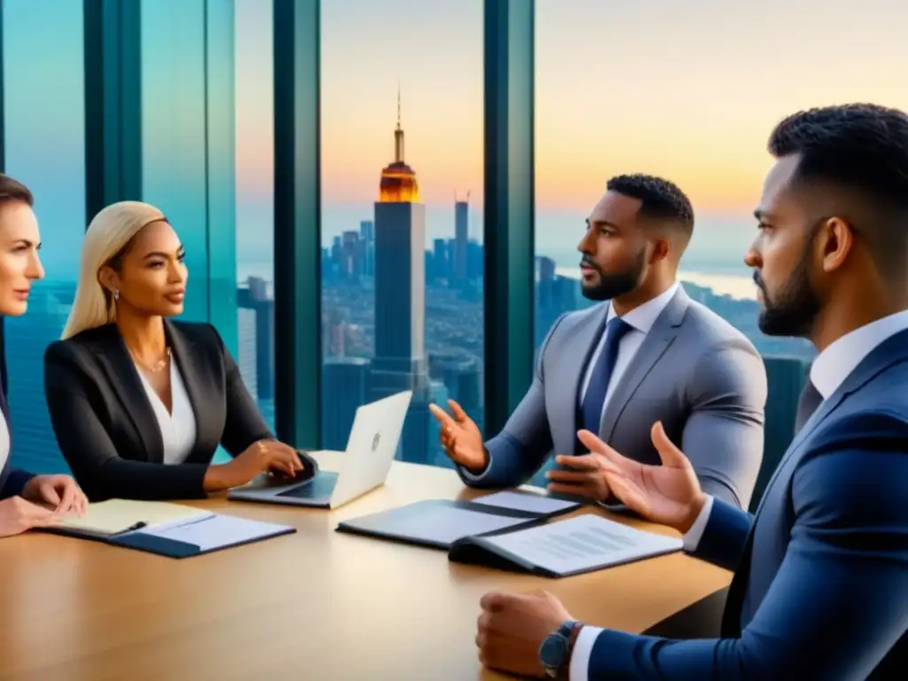 Un grupo diverso de profesionales legales discute leyes de propiedad internacional en una oficina moderna con vista a la ciudad
