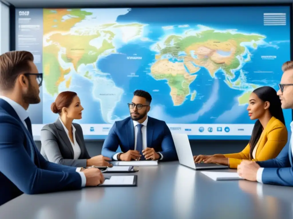 Profesionales globales planificando inversiones inmobiliarias Un grupo diverso de profesionales de negocios en una oficina moderna discutiendo estrategias de inversión en el mercado inmobiliario internacional