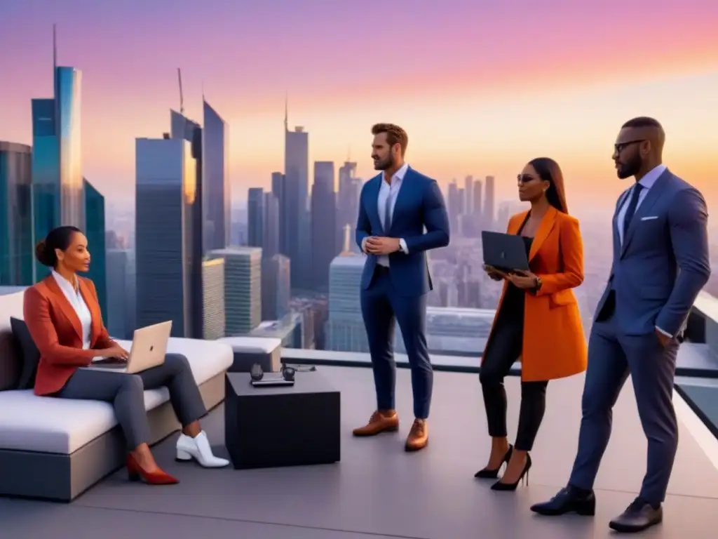 Reunión de negocios en la ciudad al atardecer: innovación global Grupo diverso de profesionales de negocios colaborando en una terraza de rascacielos al atardecer