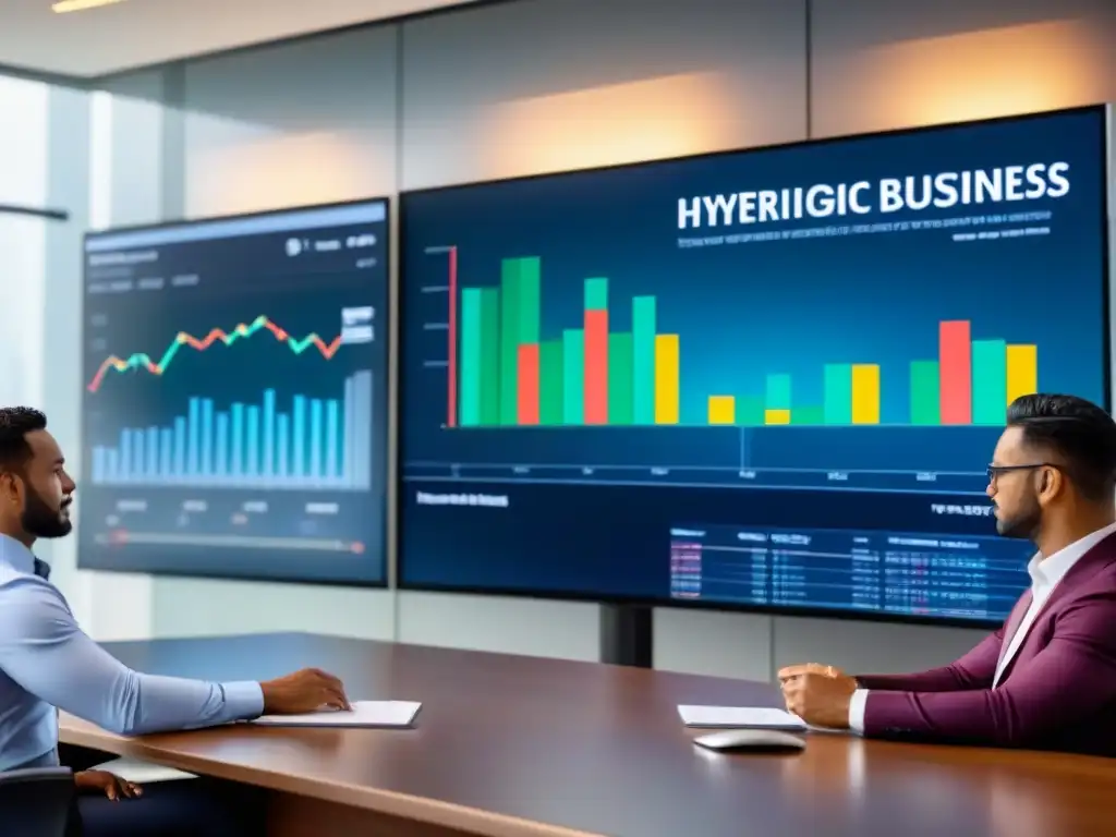 Reunión de negocios diversa y dinámica en sala de juntas moderna Un grupo diverso de profesionales de negocios en una sala de juntas moderna discutiendo con gráficos financieros en pantallas digitales