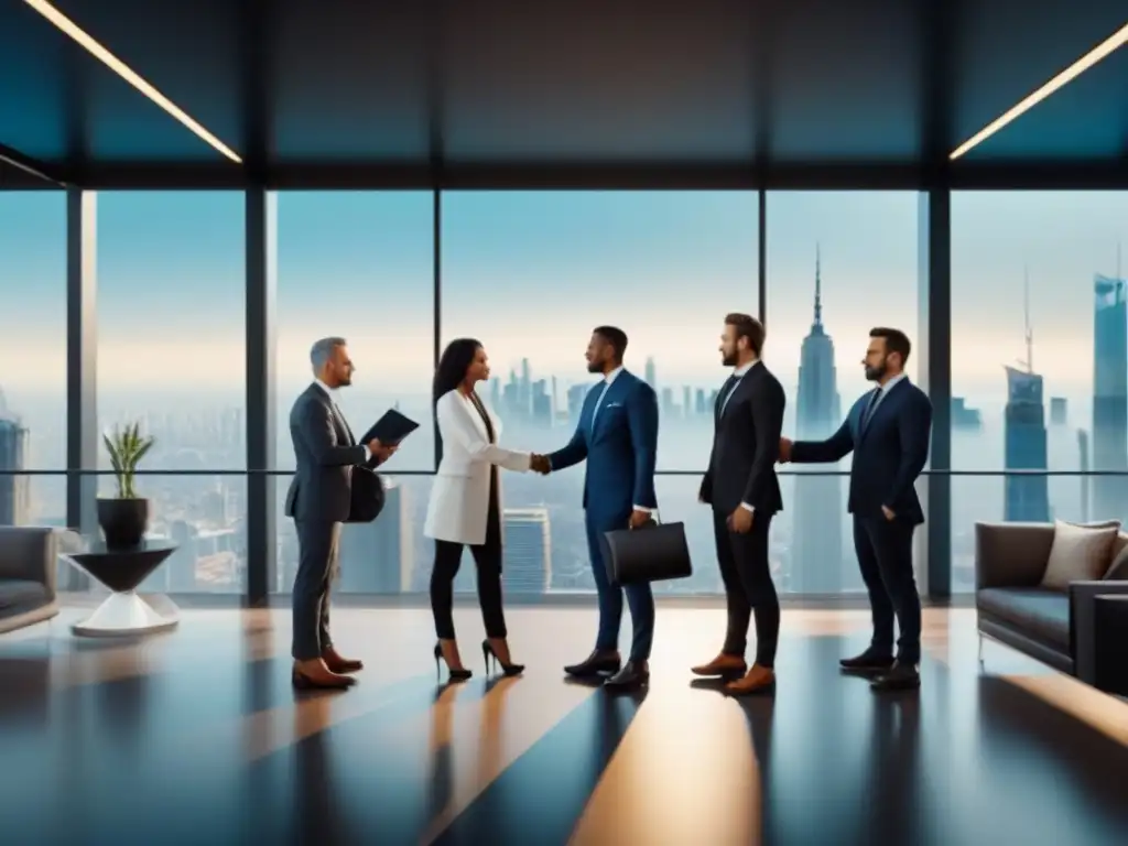 Profesionales internacionales firmando acuerdo en ciudad futurista Un grupo diverso de profesionales de negocios se dan la mano sobre un contrato futurista, simbolizando acuerdos internacionales