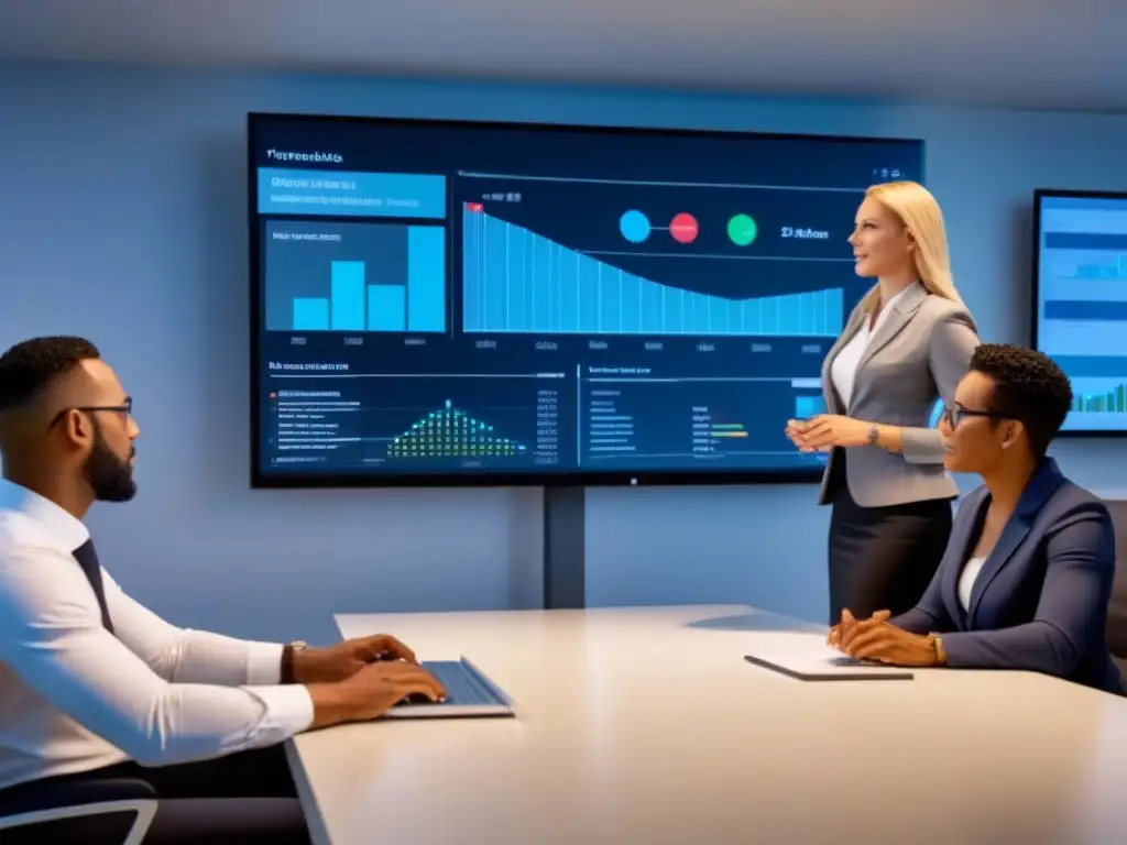 Profesionales analizando datos en oficina moderna Un grupo diverso de profesionales de negocios analizando visualización de datos para inversionistas en una oficina moderna y elegante