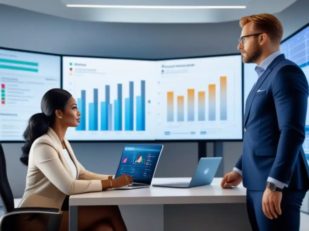 Profesionales diversificados discuten estrategias de inversión en oficina moderna Un grupo diverso de profesionales en una oficina moderna discutiendo estrategias de inversión con gráficos proyectados en una pantalla digital