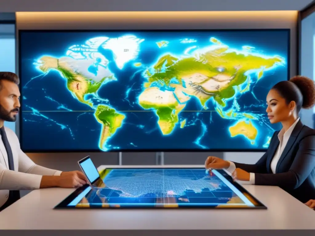 Profesionales internacionales analizan inversiones inmobiliarias Grupo diverso de profesionales en oficina moderna, discutiendo datos de inversión inmobiliaria internacional en mapa digital