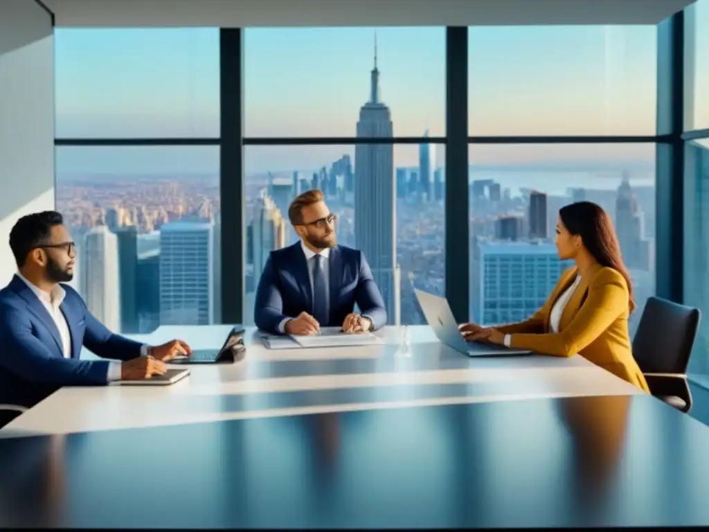 Profesionales globales en oficina moderna: estrategias de inversión inmobiliaria Un grupo diverso de profesionales en una oficina moderna, discutiendo estrategias para construir cartera inmobiliaria internacional