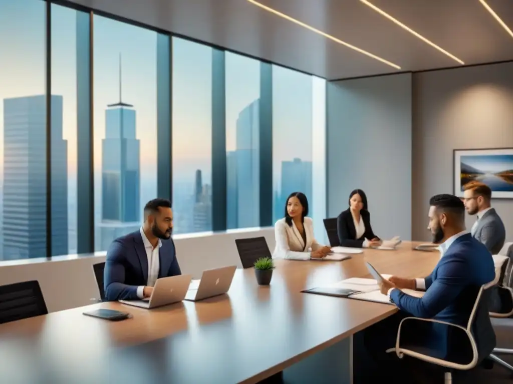 Profesionales diversos en reunión estratégica de M&A internacional Un grupo diverso de profesionales colaborando en una oficina moderna, enfocados en Regulaciones M&A internacionales explotadas