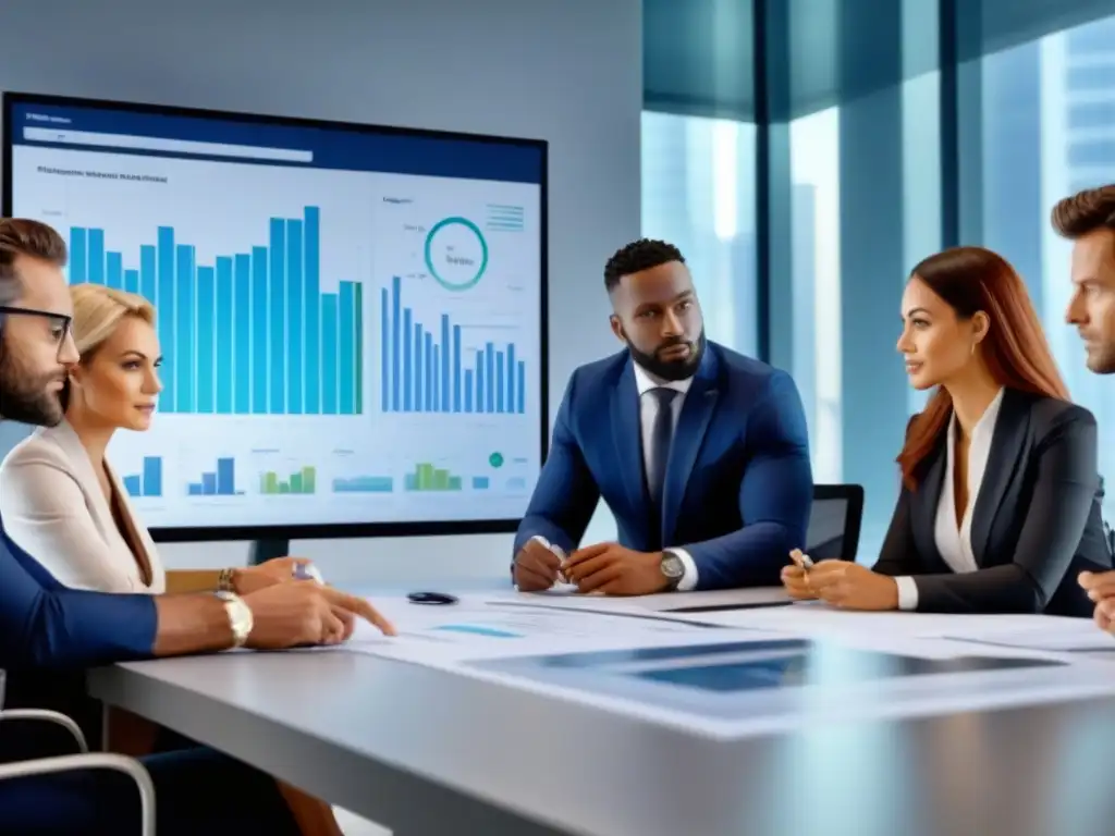 Profesionales diversificados en sesión de brainstorming inmobiliario Un grupo diverso de profesionales en oficina moderna, discutiendo sobre inversión inmobiliaria en ciclos económicos