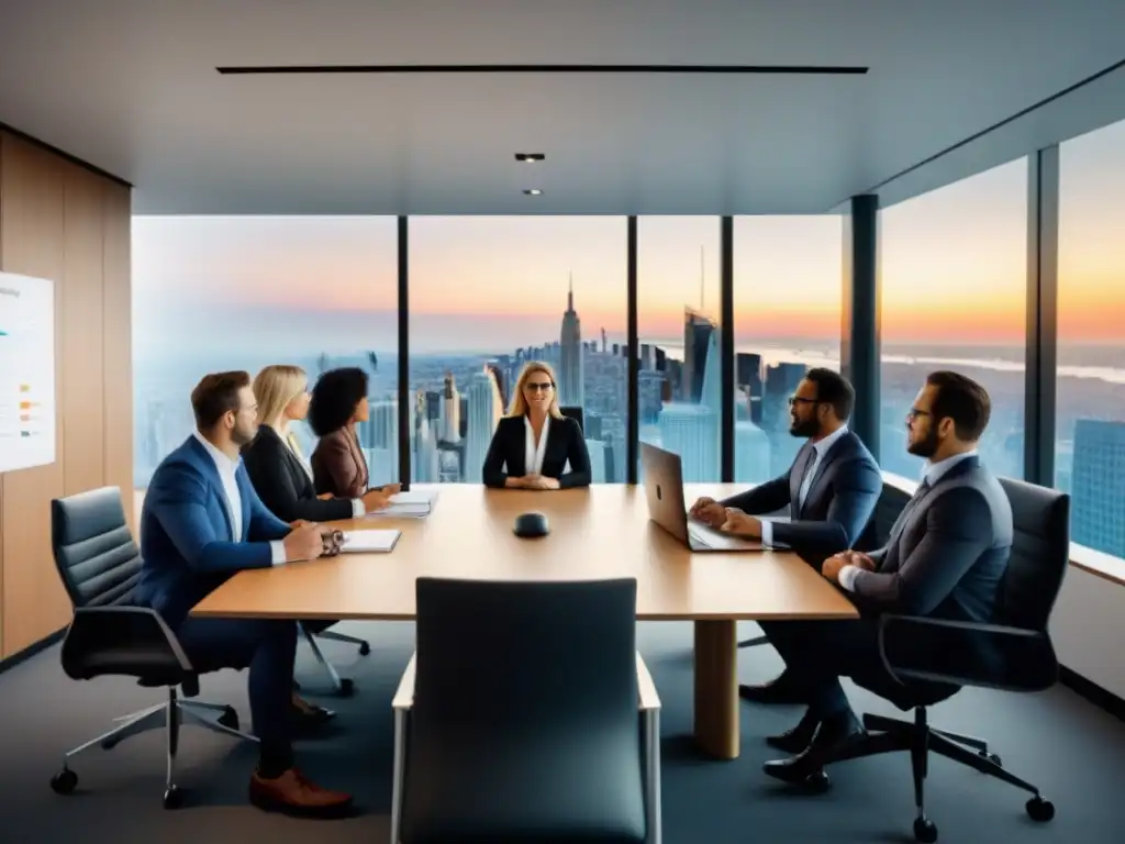 Profesionales de élite en inversión inmobiliaria internacional Un grupo diverso de profesionales en una oficina moderna discuten sobre inversión inmobiliaria internacional para principiantes