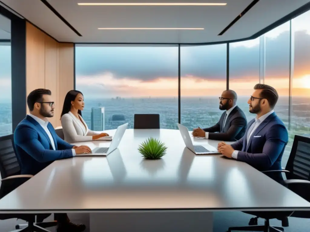 Profesionales diversificados en reunión estratégica sobre seguros de propiedad comercial internacional Un grupo diverso de profesionales en una oficina moderna discuten estrategias para seguros propiedades comerciales internacionales