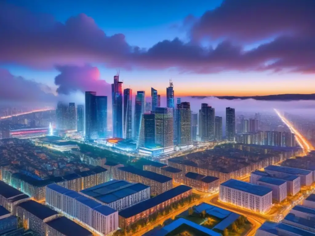 Innovación inmobiliaria: colaboración en la ciudad moderna Un grupo diverso de profesionales se reúnen alrededor de una pantalla digital de alta tecnología que muestra datos de inversión en vivienda compartida