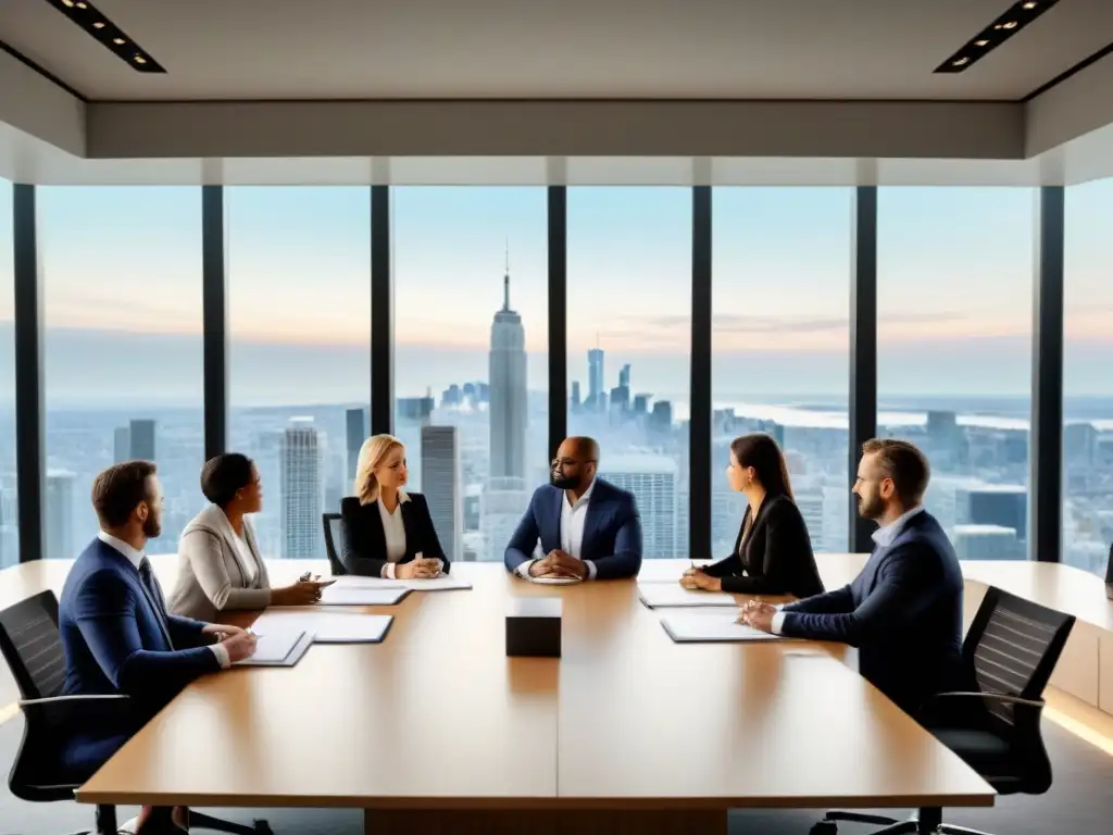 Reunión profesional de negociación inmobiliaria en boardroom de vanguardia Grupo diverso de profesionales negocian compra propiedades afectadas desastres en moderna sala de juntas