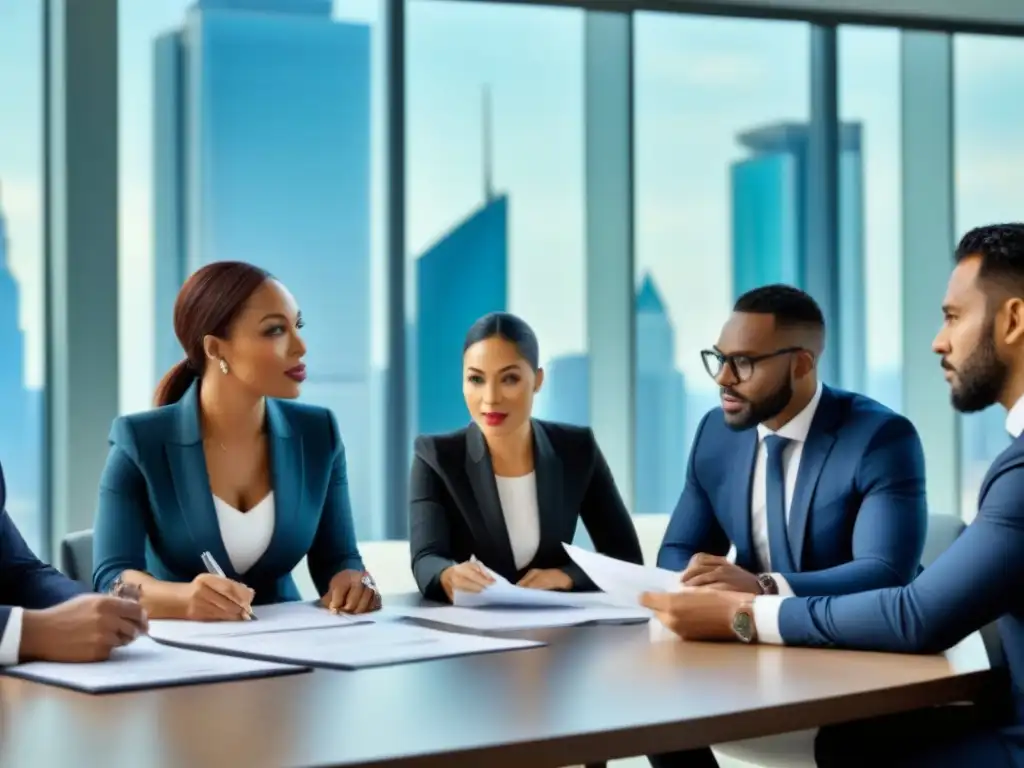 Profesionales debatiendo leyes de bienes raíces internacionales Un grupo diverso de profesionales discute restricciones de propiedad extranjera para evitar problemas legales en distintos países