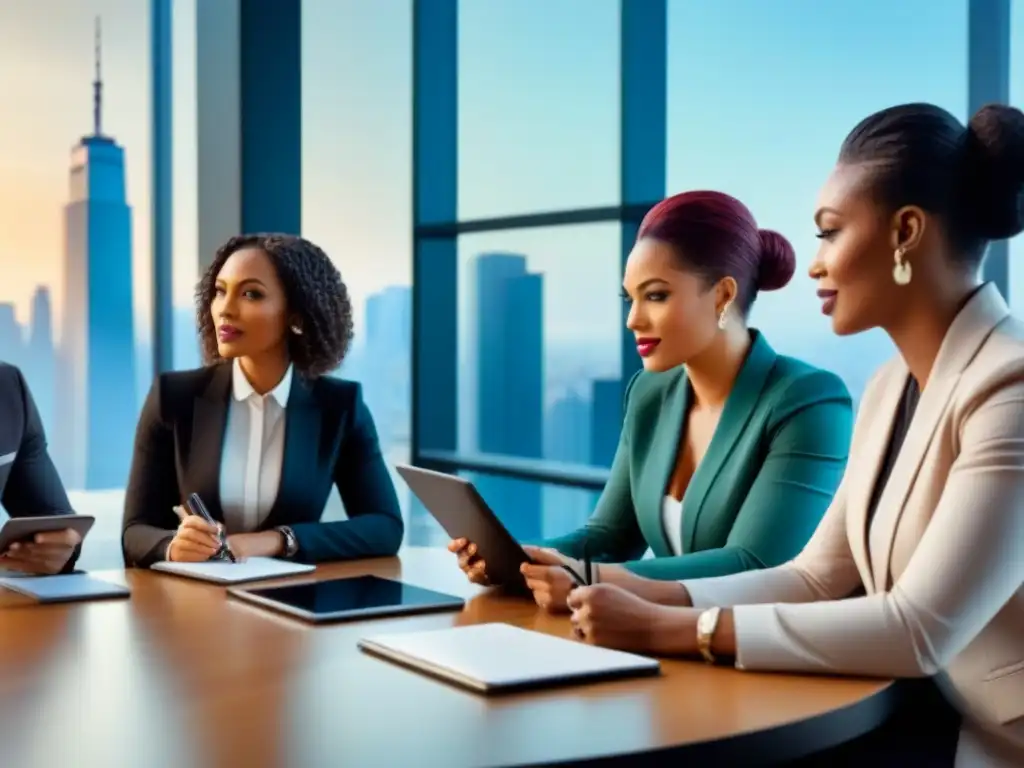 Un grupo diverso de profesionales en una reunión de negocios, discutiendo en una sala moderna con vista a la ciudad