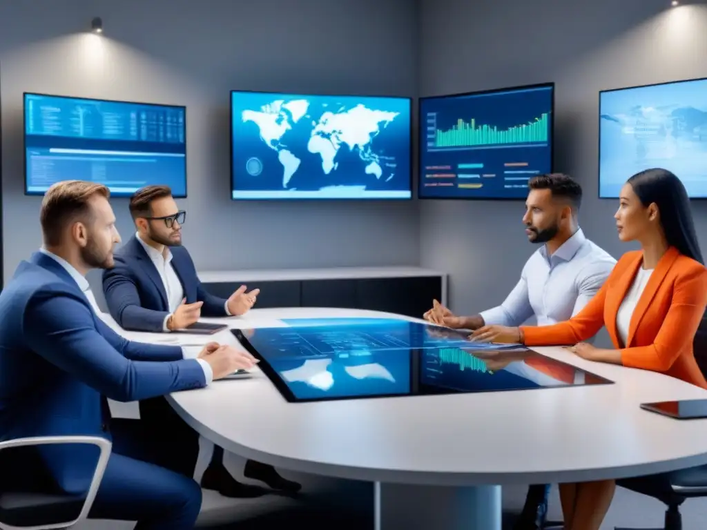 Profesionales en brainstorming: estrategias para inversiones exitosas Grupo diverso de profesionales en reunión, rodeados de tecnología y gráficos financieros, discutiendo estrategias para oportunidades inmobiliarias en economías volátiles