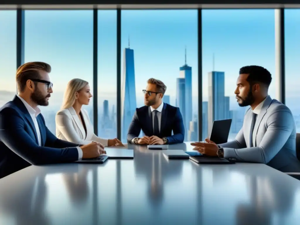 Un grupo diverso de profesionales discute en una sala moderna con vista a la ciudad