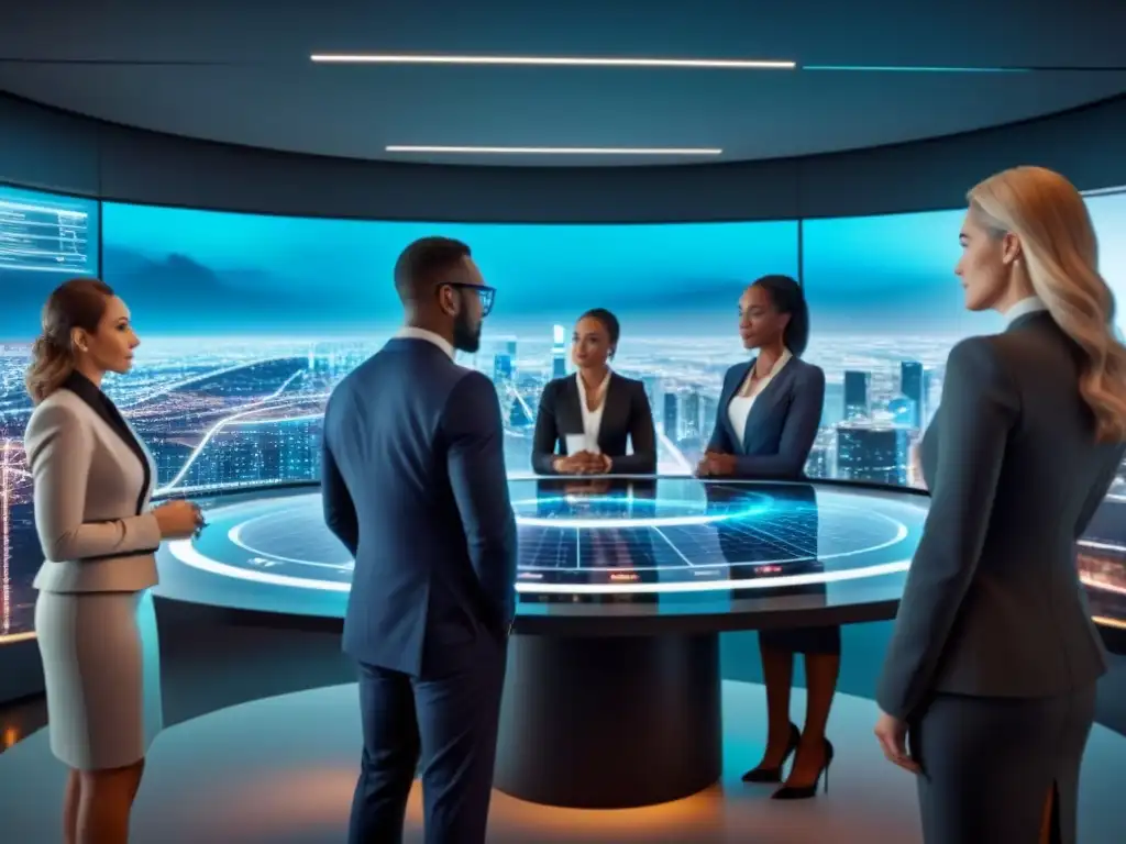 Reunión de negocios futurista con gráficos financieros detallados Un grupo diverso de profesionales se reúne en una sala de juntas futurista, analizando gráficos financieros en un holograma