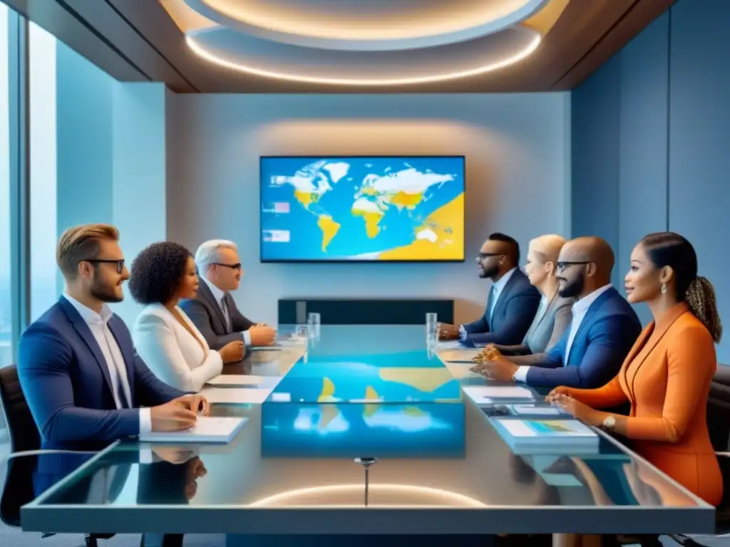Conexiones globales en la mesa de negocios futurista Un grupo diverso de profesionales se reúnen en una sala de reuniones futurista, intercambiando tarjetas y conectando