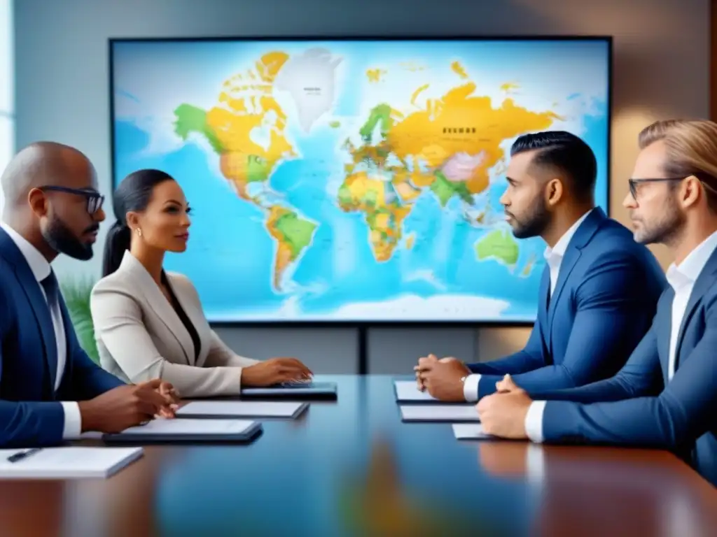 Profesionales en sala de juntas: negociación inmobiliaria global Grupo diverso de profesionales en sala de juntas moderna, discutiendo estratégicamente sobre propiedades inmobiliarias internacionales