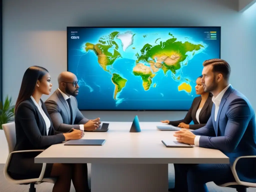 Profesionales globales debaten inversiones inmobiliarias Un grupo diverso de profesionales discute seguridad jurídica en inversiones inmobiliarias internacionales en una moderna sala de juntas