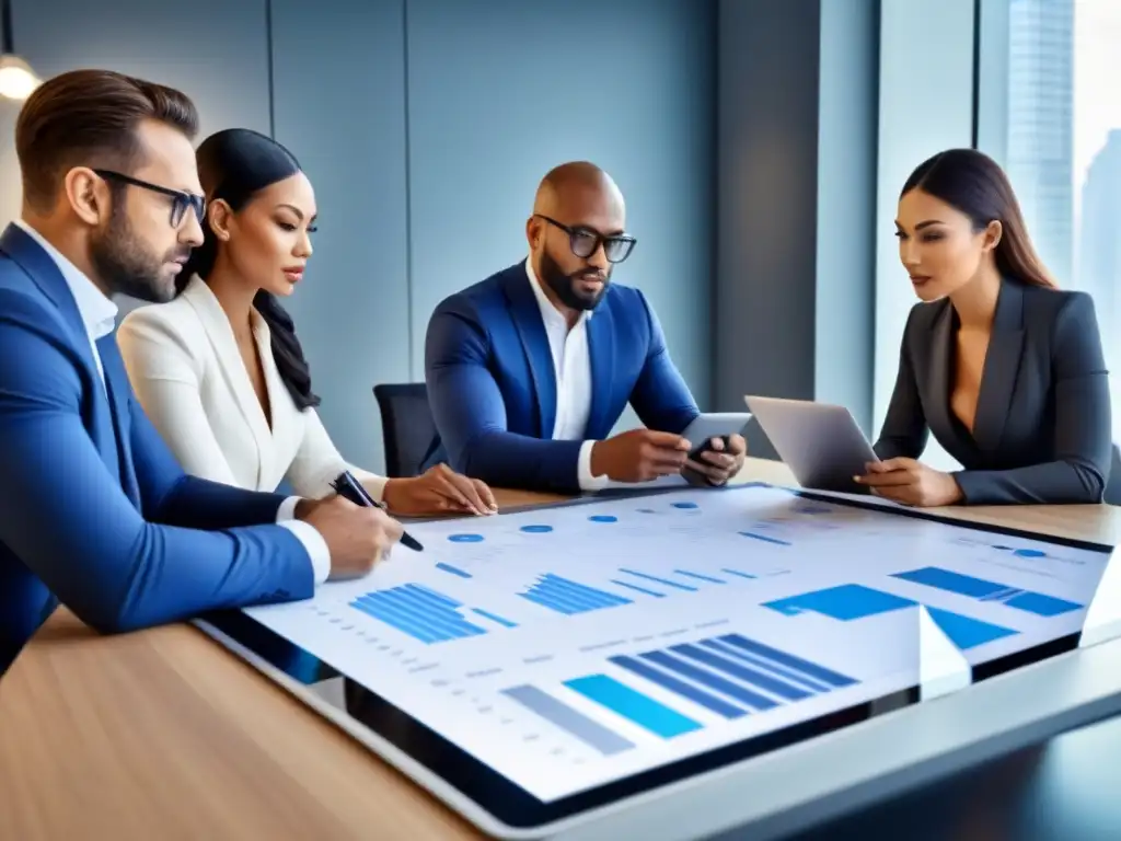 Reunión estratégica de profesionales en oficina moderna Grupo diverso de profesionales serios en una oficina moderna discutiendo datos de crowdfunding inmobiliario