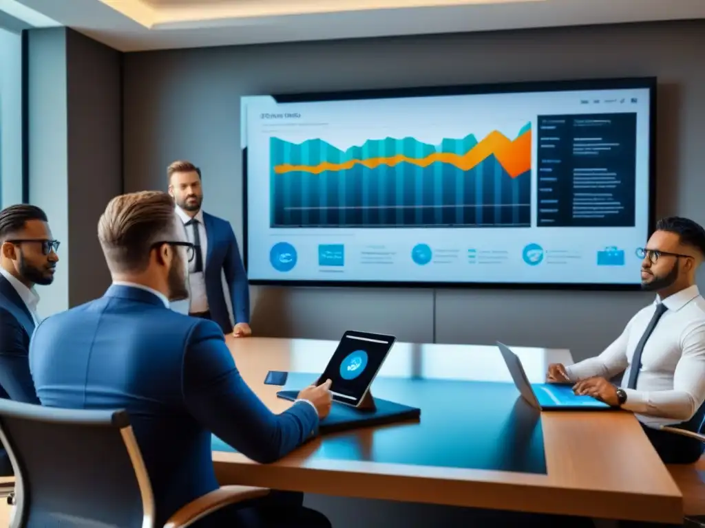 Profesionales expertos en estrategias inmobiliarias de vanguardia Un grupo diverso de profesionales serios en una sala de juntas moderna y elegante, discutiendo estrategias anticíclicas de inversión inmobiliaria