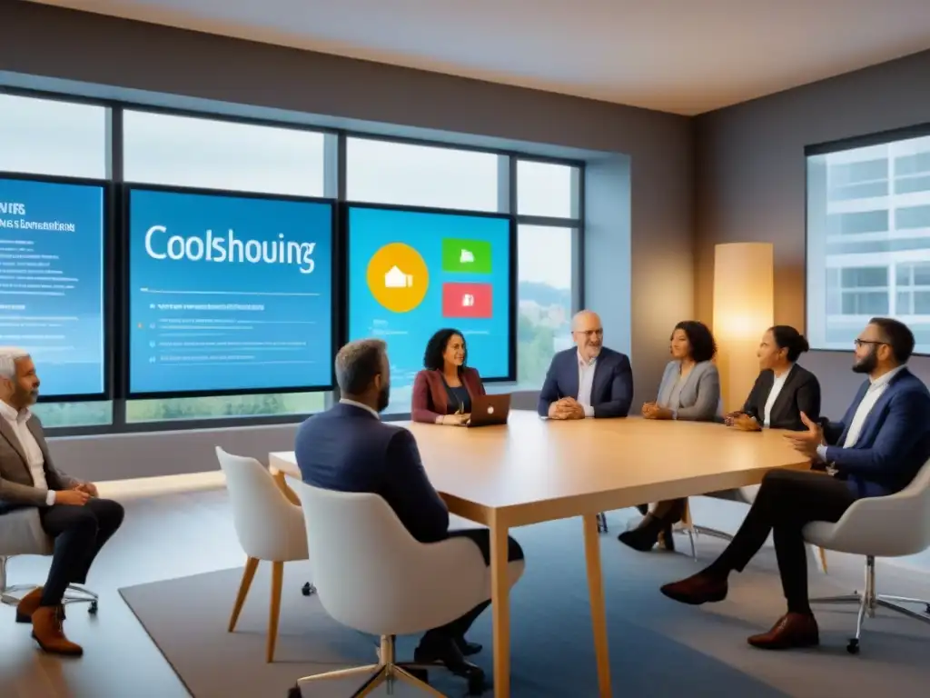 Inversión en Cohousing: Profesionales Diversos en Discusión Un grupo diverso de profesionales discute sobre inversión en cohousing sostenible internacional, rodeados de tecnología y modernidad