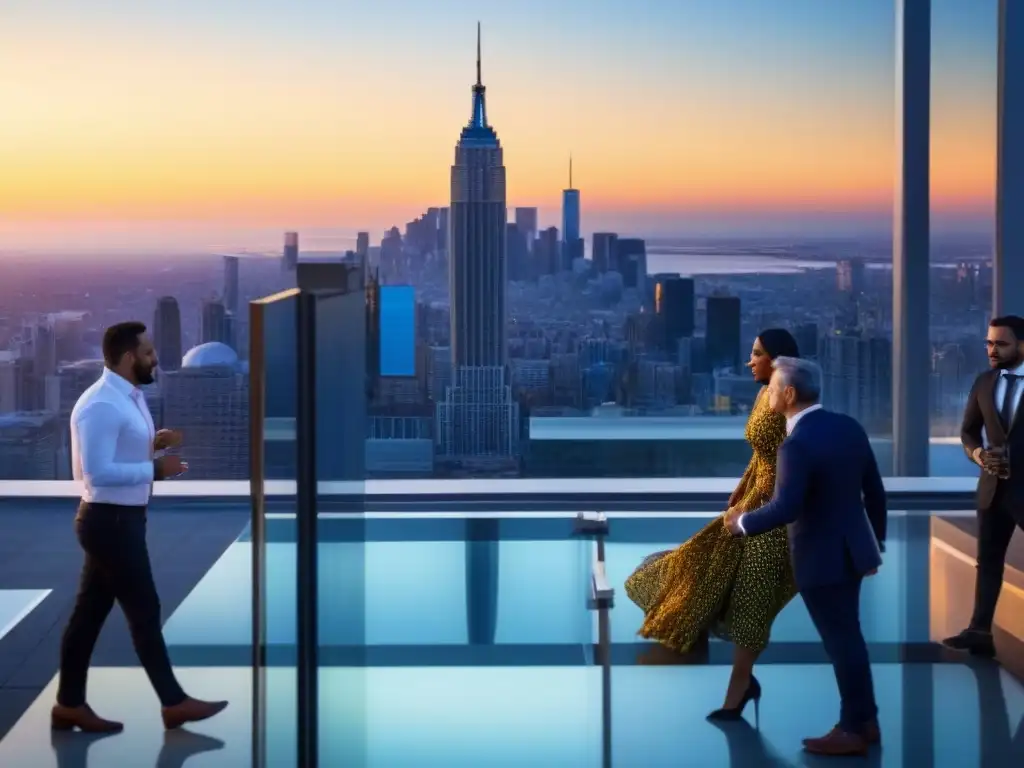Oportunidades inmobiliarias internacionales: éxito y colaboración en la azotea Grupo diverso de profesionales en terraza de rascacielos de cristal al atardecer